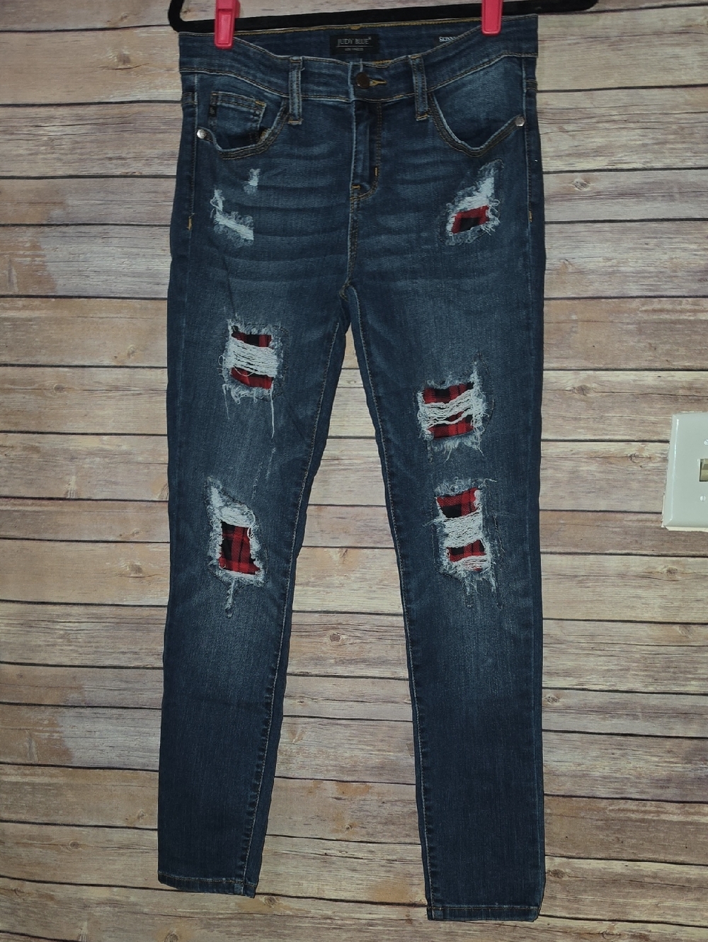 Judy Blue Dark Wash Skinny Jeans with Red Plaid Patches
